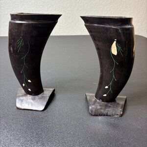 2 Vintage Carved Horn Vases MCM